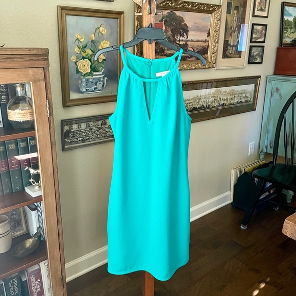 Banana Republic keyhole halter shift dress knee length lined 14 aqua turquoise - Picture 2 of 11